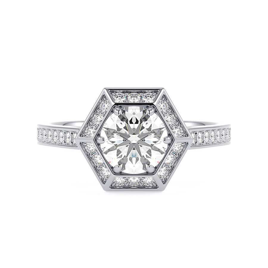 Vintage round diamond and hexagonal halo ring