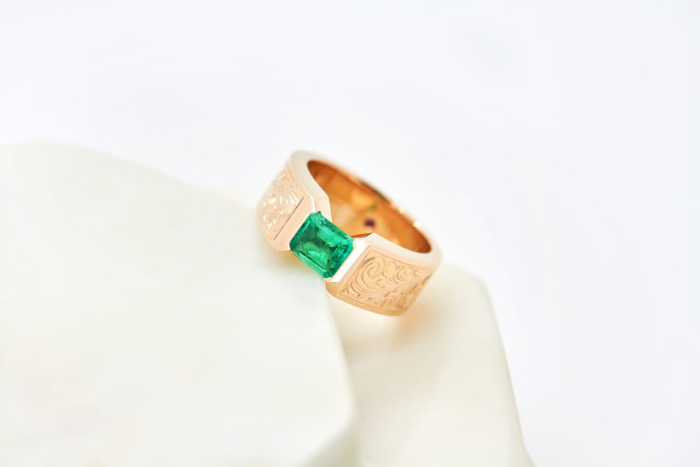 rose gold bespoke engagement ring emeralds
