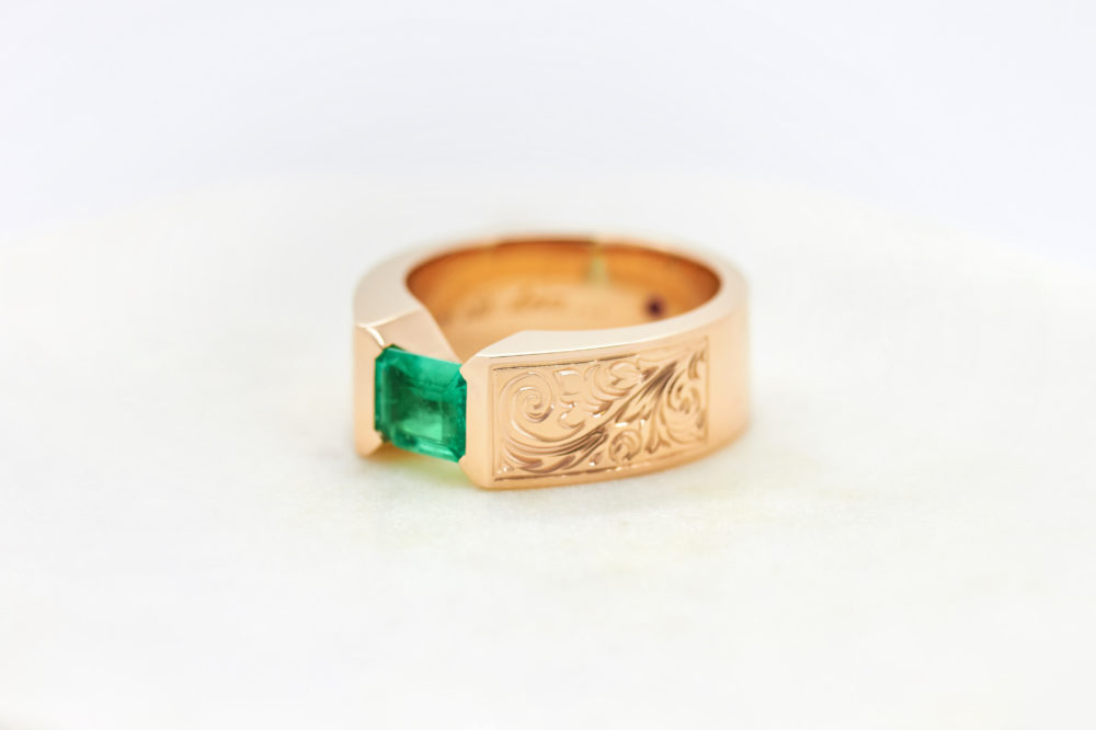 bespoke ring, rose gold, emeralds