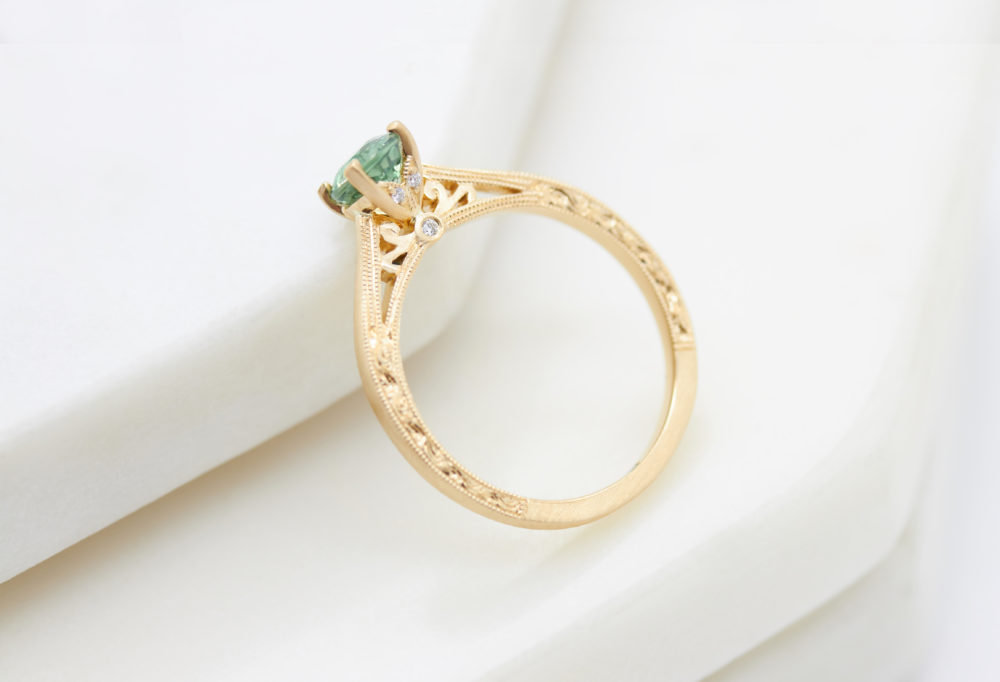 Customer Love Story, Engagement Ring, Sapphire, Green Sapphire, Milgrain, Yellow Gold