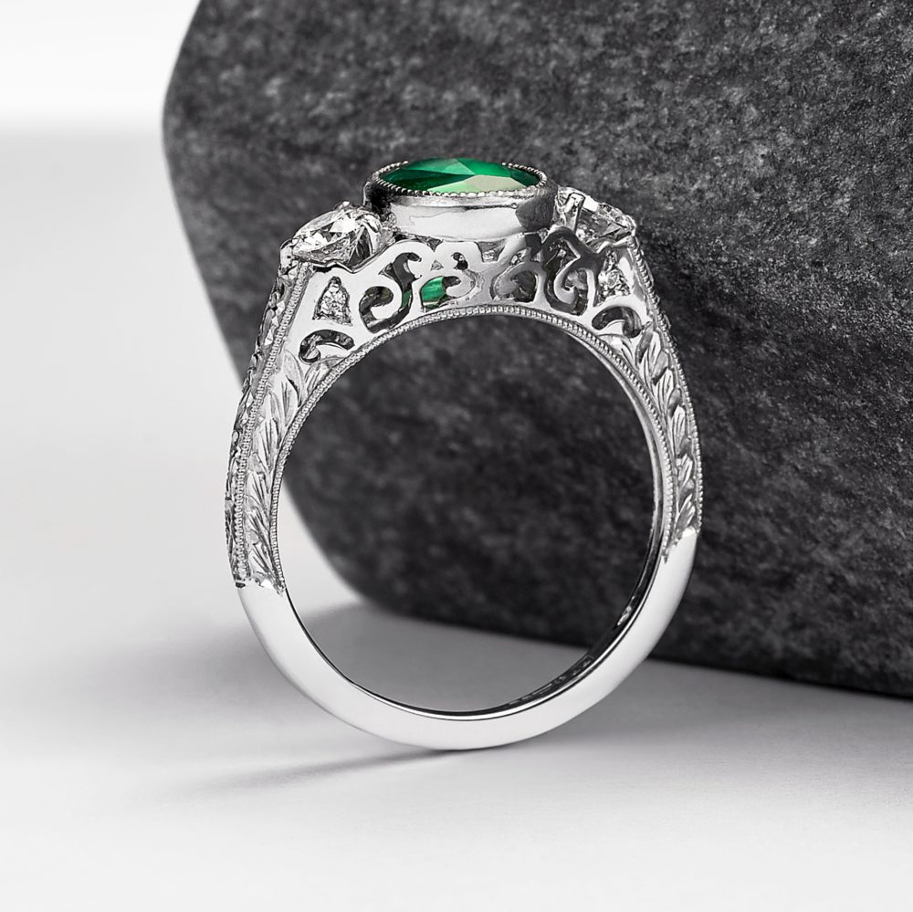 emerald filigree engagement ring