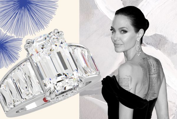 Angelina Jolie emerald diamond baguette engagement ring