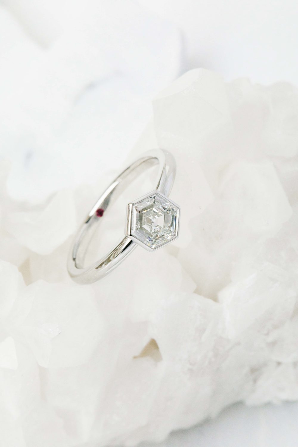 Lab grown hexagonal diamond bezel set platinum engagment ring