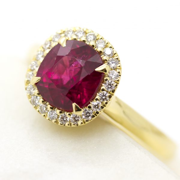 cushion cut ruby with diamond halo yellow gold engagement ring