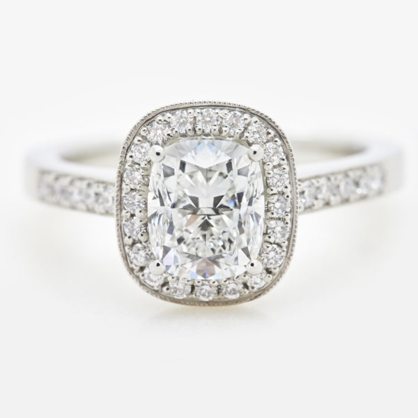 elongated cushion cut diamond halo with milgrain