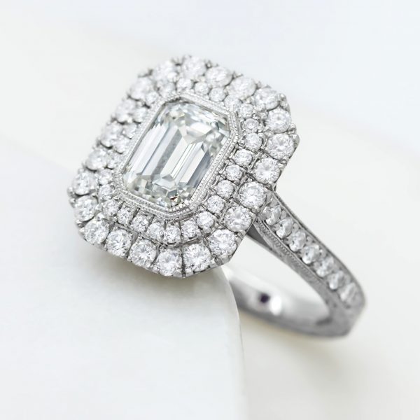 emerald cut diamond double diamond halo engagement ring