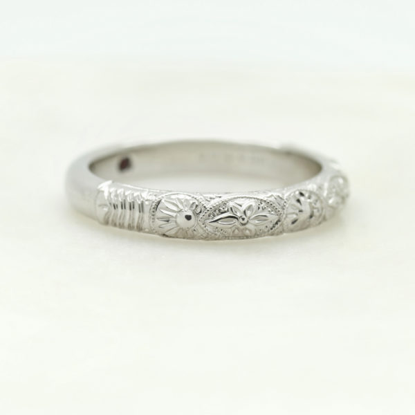 Platinum engraved wedding band with milgrain and engraving