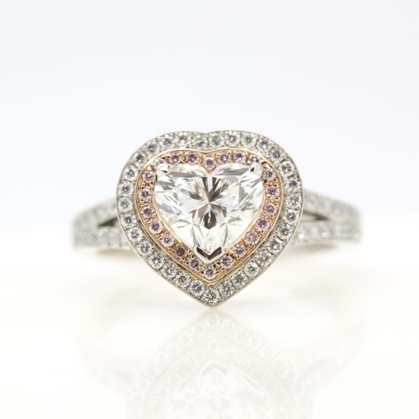 heart diamond with double diamond halo with pink and white diamonds and diamond pave split shank