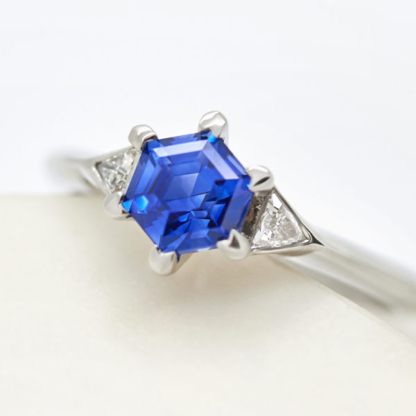 hexagon blue sapphire engagement ring