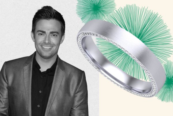 Jonathan Bennett brushed platinum men's engagment ring with diamond pavé