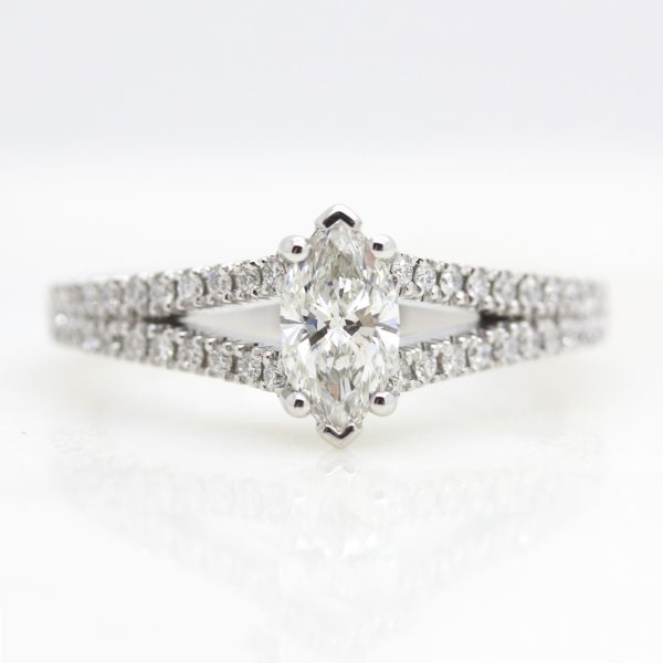 marquise diamond with pave diamond split shank engagement ring