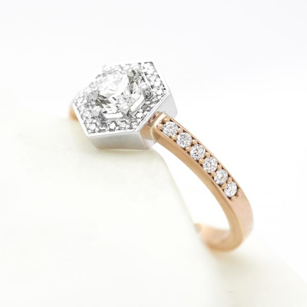 mixed metal hexagonal diamond halo engagement ring