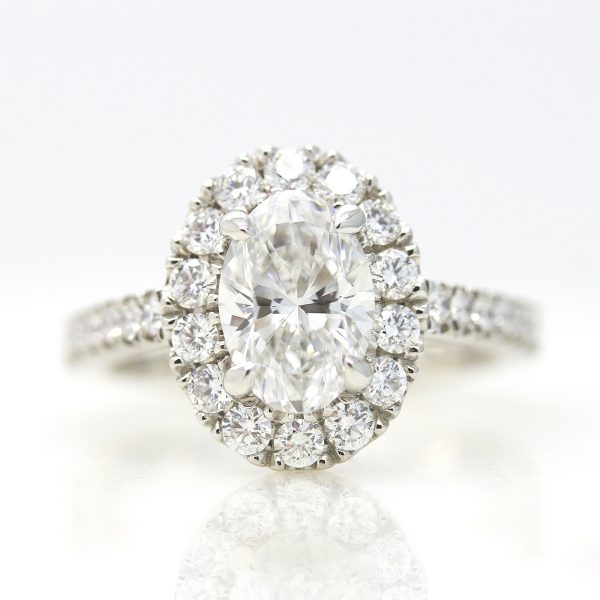 oval diamond with diamond halo and pave diamond band