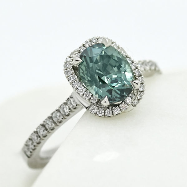 Taylor and hart oval teal sapphire diamond halo white gold pave