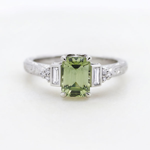 taylor and hart pale green sapphire emerald side diamonds miligrain white gold