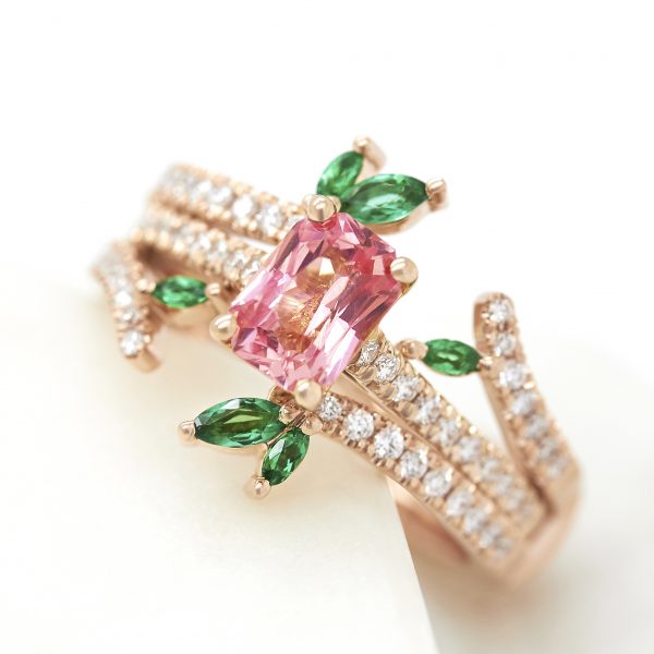 radiant padparadscha sapphire engagement ring matching diamond pave wedding band marquise emeralds