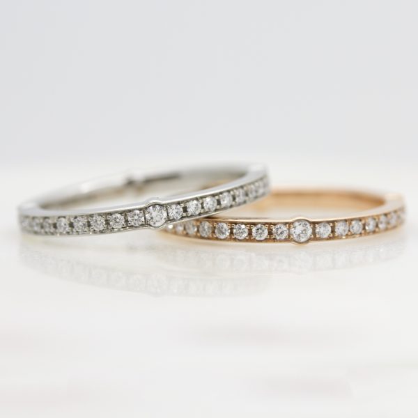 rose gold and platinum diamond pave wedding rings