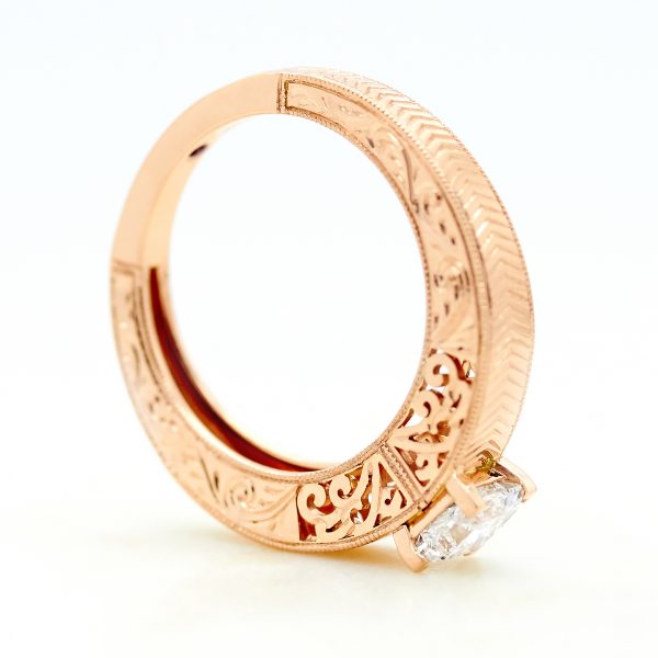rose gold engagement ring with filigree, chevron hand engraving and delicate milgrain