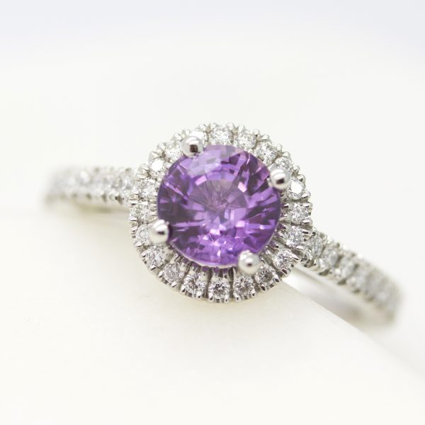 round purple sapphire diamond halo engagement ring