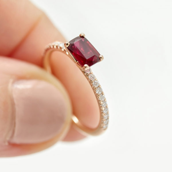 Ruby set in rose gold with pave